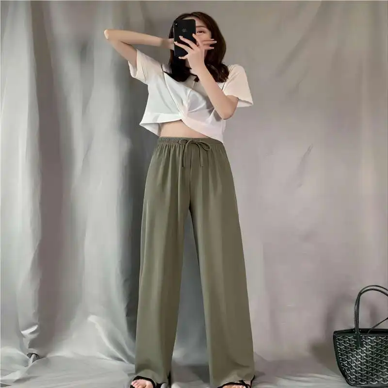 여성용 용수철 여름 아이스 실크 와이드 레그 팬츠, 하이 웨이스트, 루즈 스트레이트 캐주얼 바지, 여성용 야외 블랙 바지, 2024