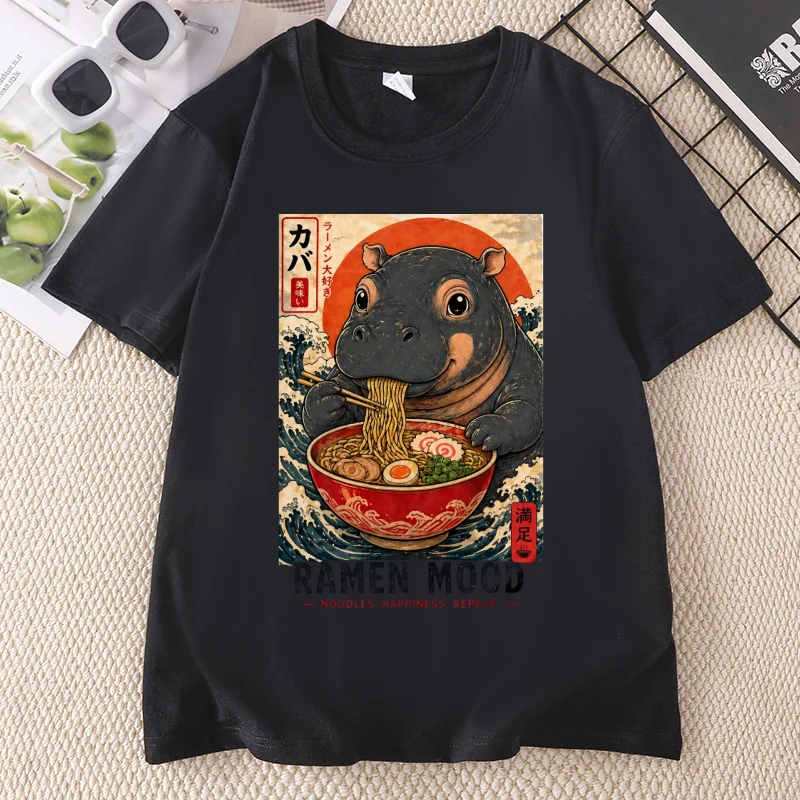 Ramen Mood T-Shirts Cute Hippo Ramen T Shirt Funny Food Graphic Tee Kawaii Animal Tee Men Women Casual Cotton Short Sleeve