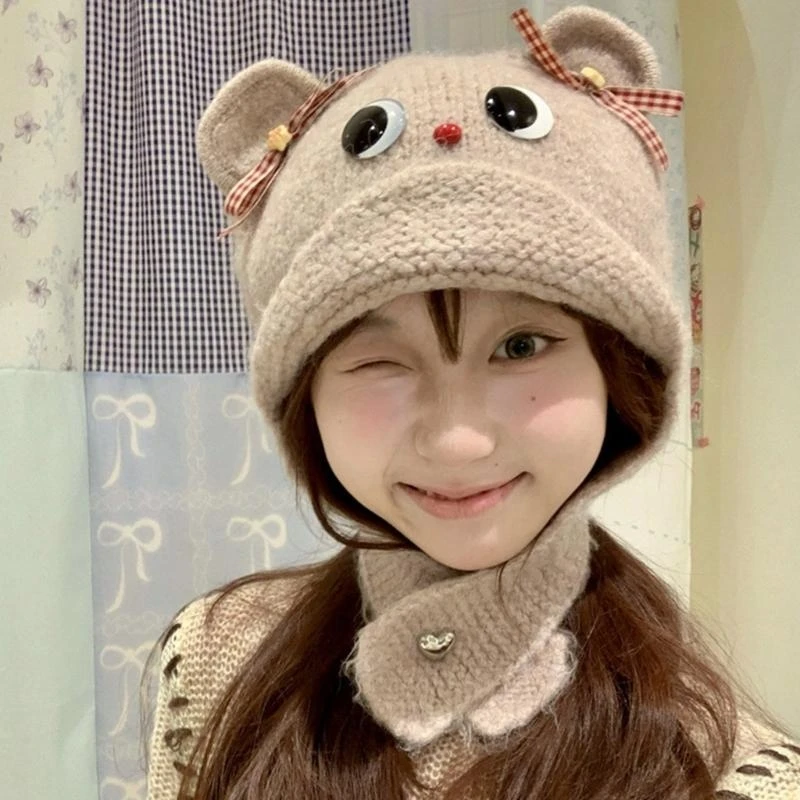 

Lovely Bear Ear Caps for Teens And Women Windproof Skull Hat Warm Hat Cartoon Earflaps Hat for Outdoor Sports