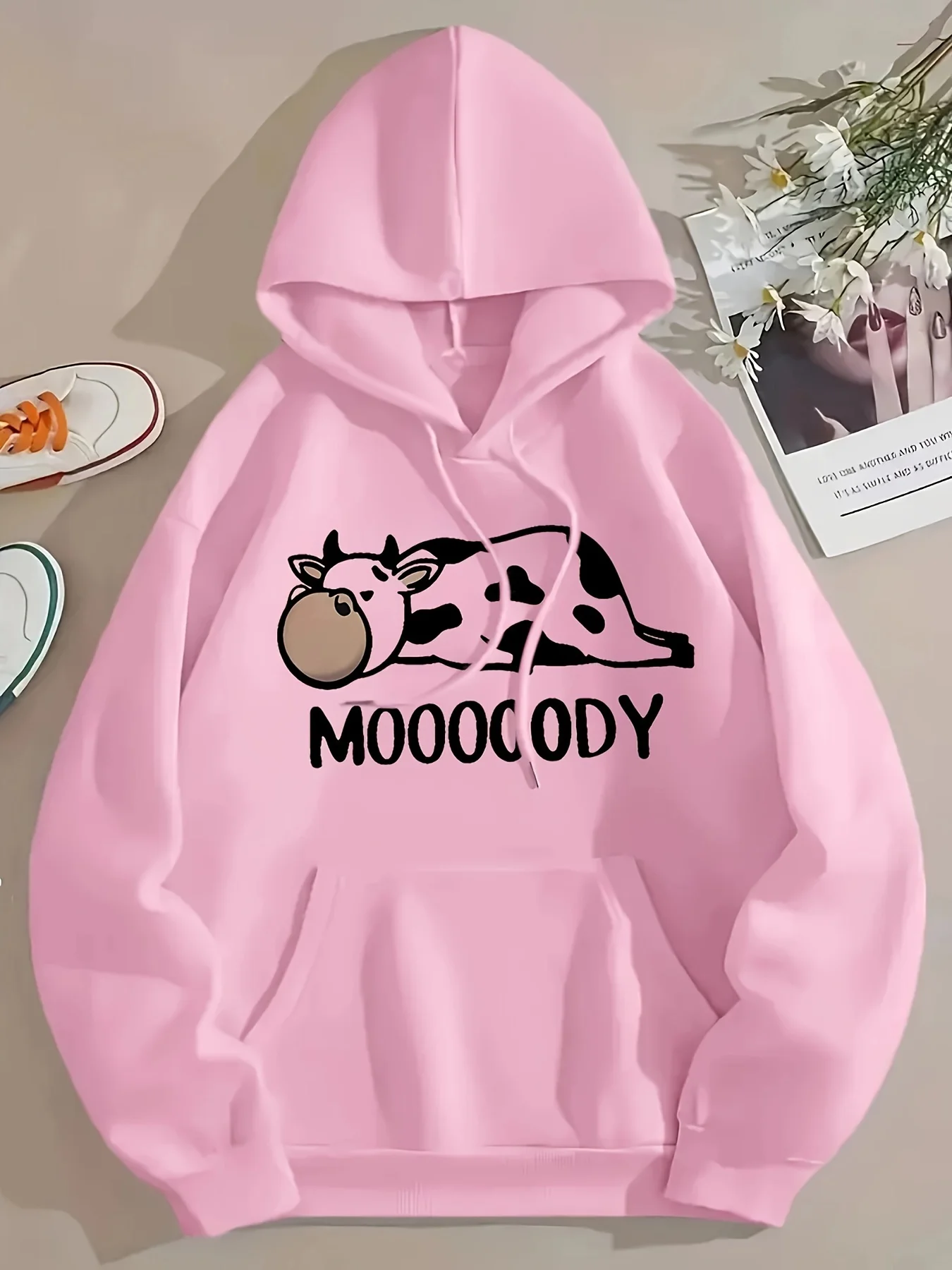 البقرة إلكتروني طباعة الرباط هوديي عارضة طويلة الأكمام الكنغر جيب هوديي البلوز الملابس النسائية تصميم لعوب العصرية