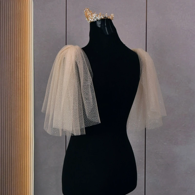 Bride Tulle Wedding Bridal Shiny Shoulder Stole Sheer Gilding Design Shiny Shoulder Wrap Elegant Simple Formal Shawl
