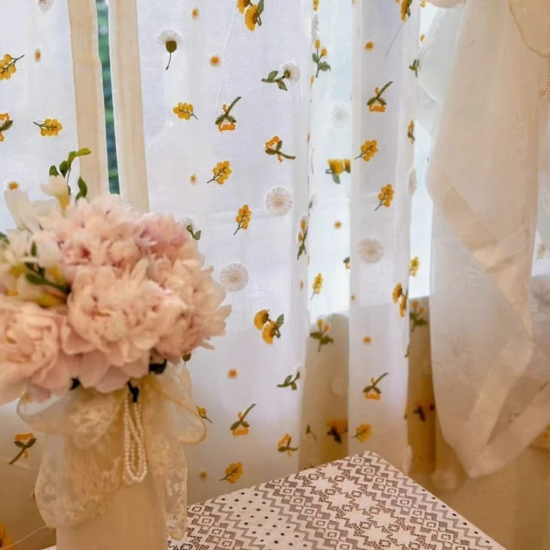 Beige Small Daisy Floral Half‑Short Drape Light‑impermeable Gauze Custom Size for Living Dining Room Bedroom Window Decor