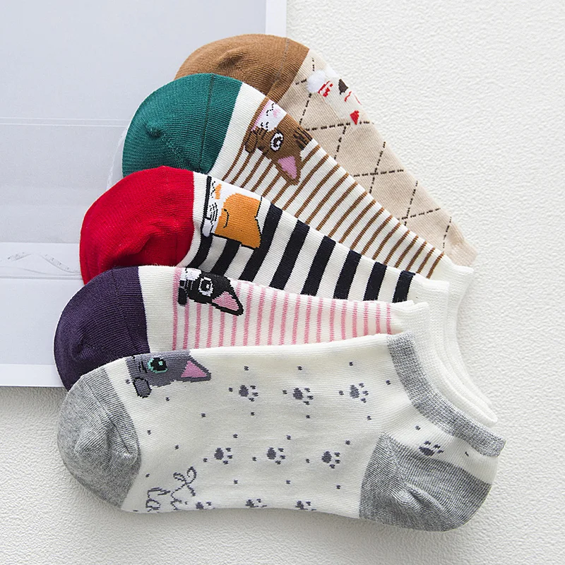 

5 Pairs Women Cartoon Short Socks Cute Animal Cat Low Ankle Cotton Socks Korean Fashion Girls Kawaii Casual Sox Calcetines Mujer