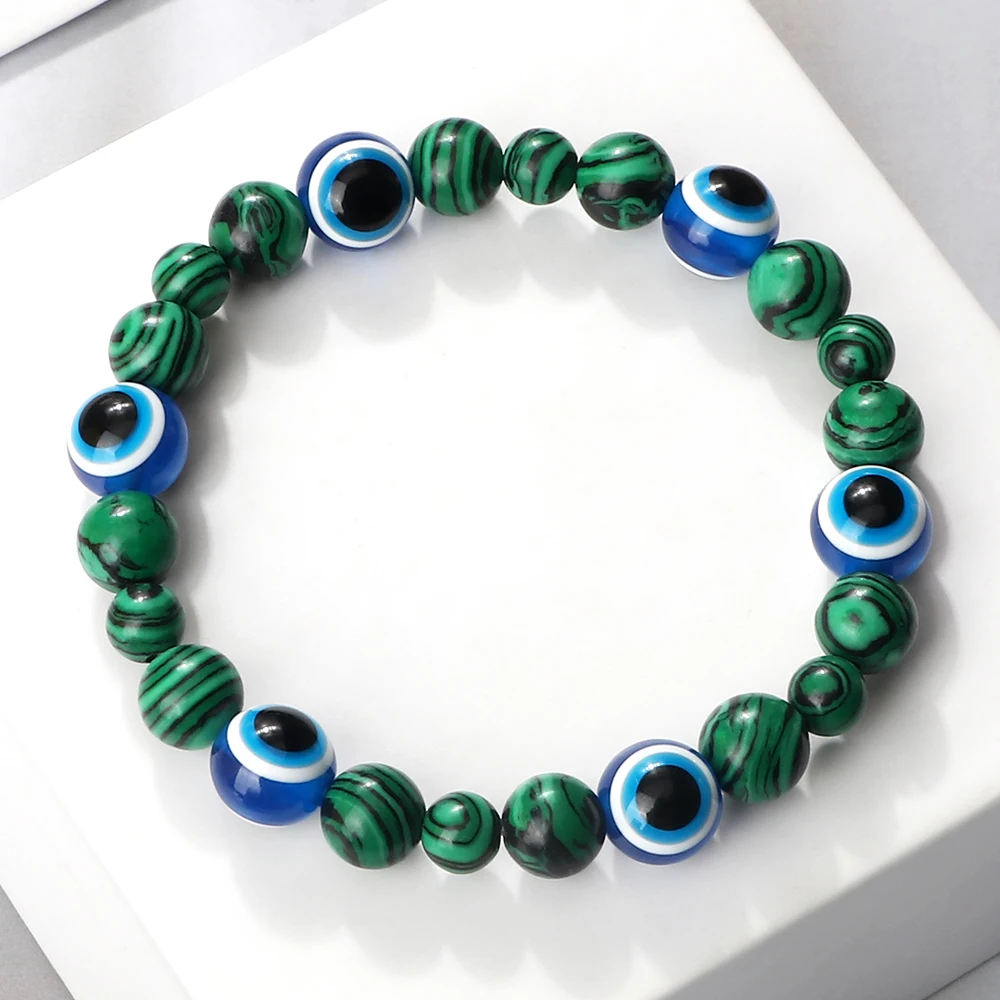 Fashion Malachite Bracelet Lucky Blue Evil Eye Bead Palm Butterfly Pendant Bangles Handmade Handchain Jewelry Gift for Women Men