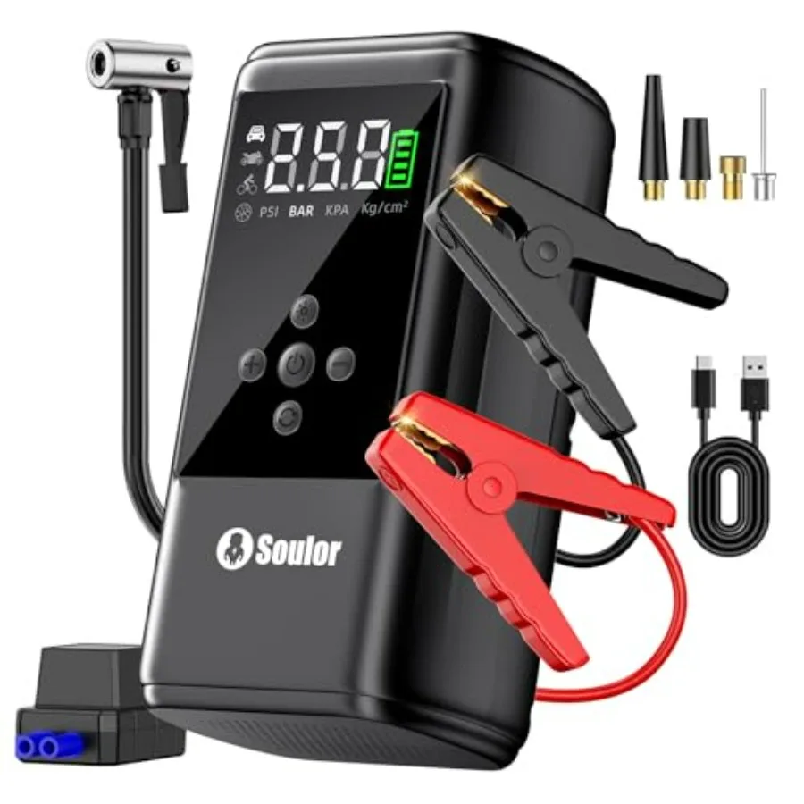 

Portable Jump Starter with Air Compressor 6000A 160 PSI Tire Inflator LED Display for 10L Diesel All Cars Engines Jump Cables a
