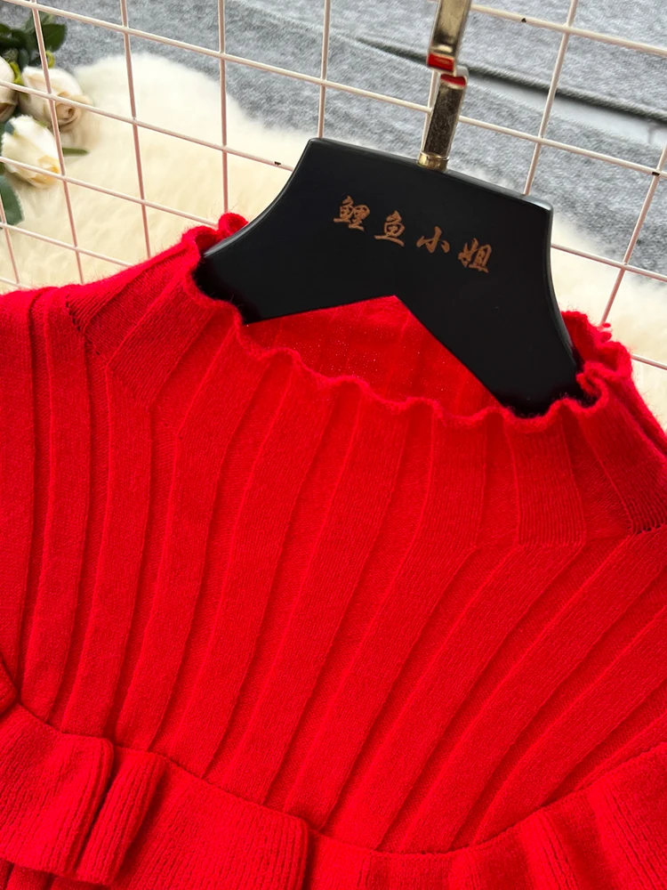 Vestido de malha com borda de fungo francês para mulheres no outono inverno moda sexy cintura cinching camada inferior vestido de lã s186