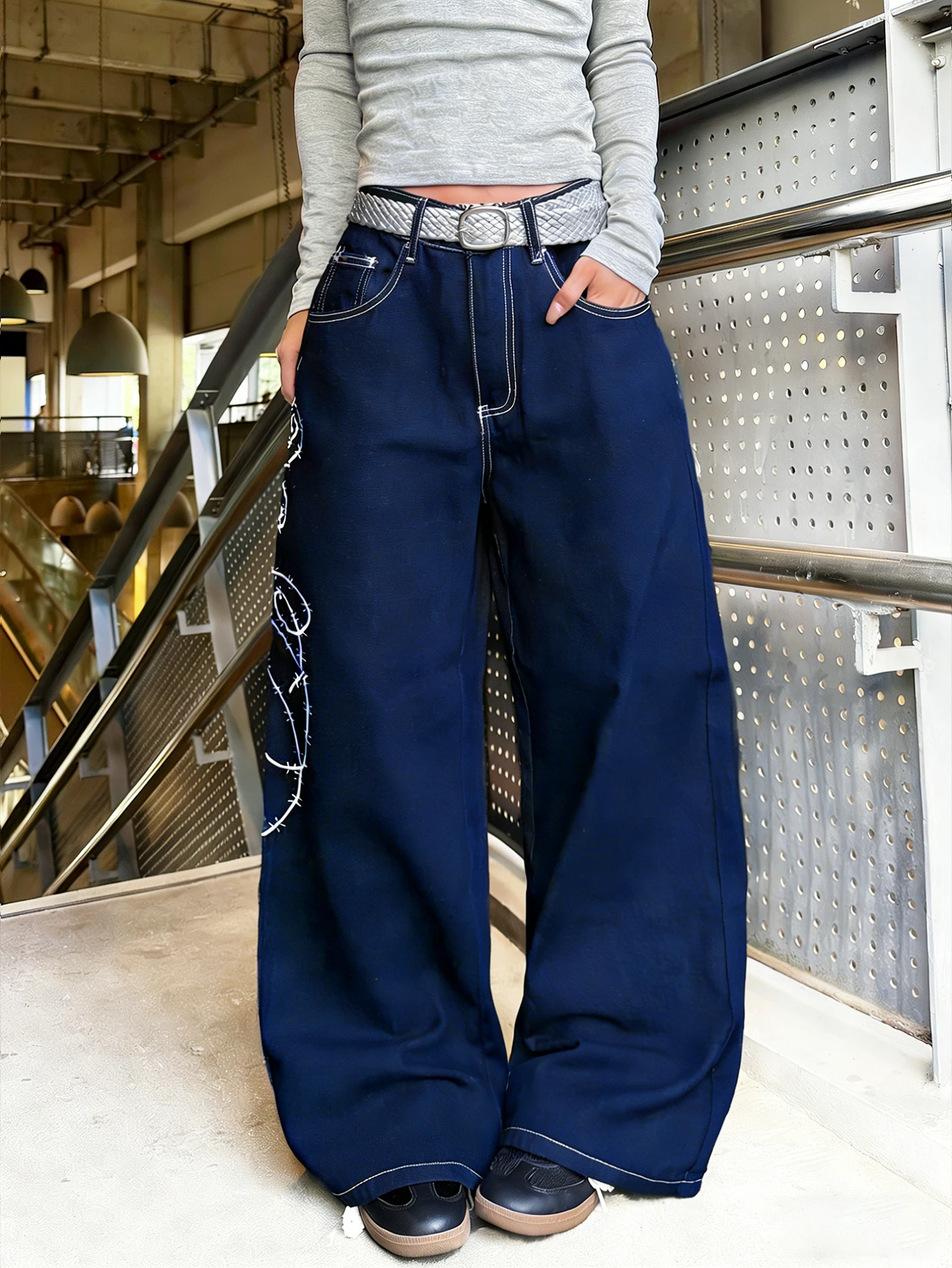 Women Plus Size Spring Autumn Mid Waist Wide Leg Y2KVintage Jeans Rose Thorn Embroidery Contrast Stitch Stiff Denim Street Pants