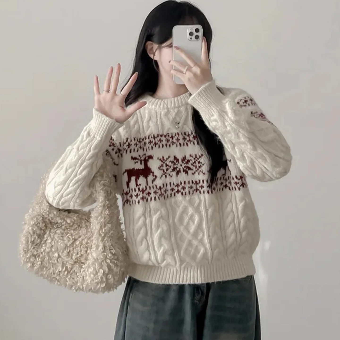 Cisas 鹿柄ニットセーター レディース ラウンドネック プルオーバー ソフトで心地よい 秋冬 ファッション スリム ヴィンテージ スタイル