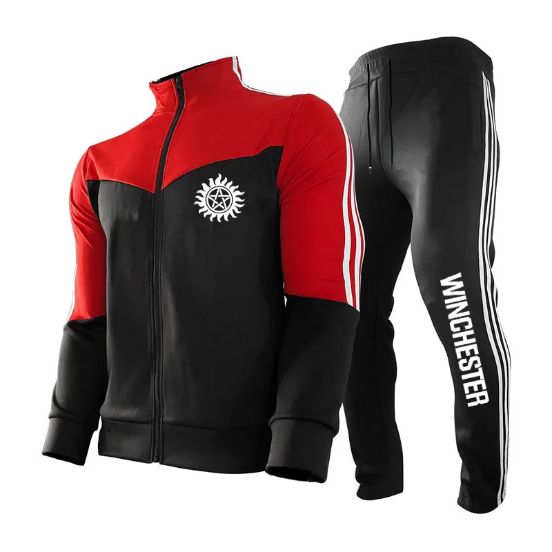 

Outdoor Fitness Jogging Men Jacket Set Winchester logo print Fashion new Male Zipper Sweatshirts+pants sportswear suit