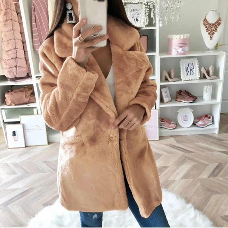 New Woolen Women's Mid-length Casual Jacket Fashion Solid Color Loose Plush Coat Imitation Fur Coat  Autumn and Winter Wear