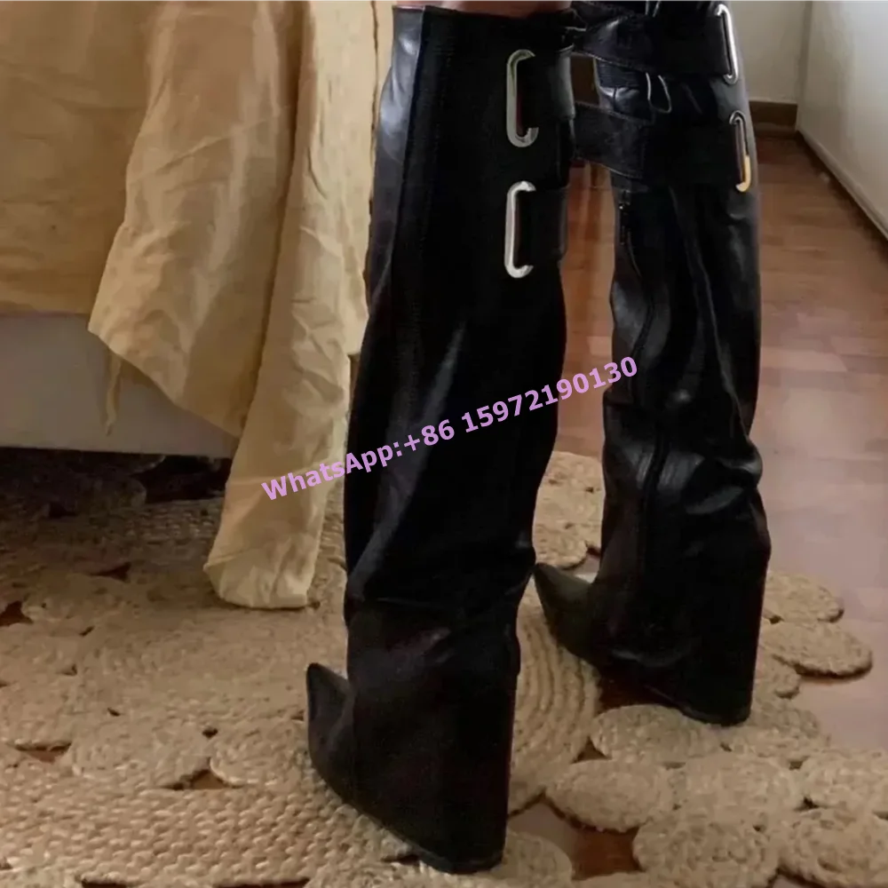 

Solid Buckle Knee High Boots Pointy Toe Wedges Knight Knee High Boots Black West Style Sewing Sexy Runway Luxury Shoes 2025