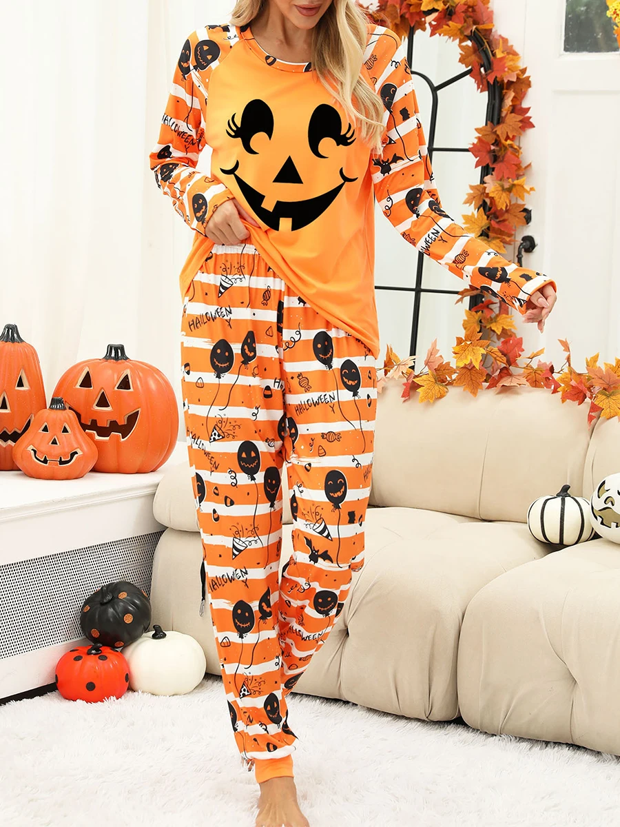 Women\'s Halloween Pajamas Set Ghost Pumpkin Print Long Sleeve Round Neck Tops with Elastic Waist Long Pants Loungewear