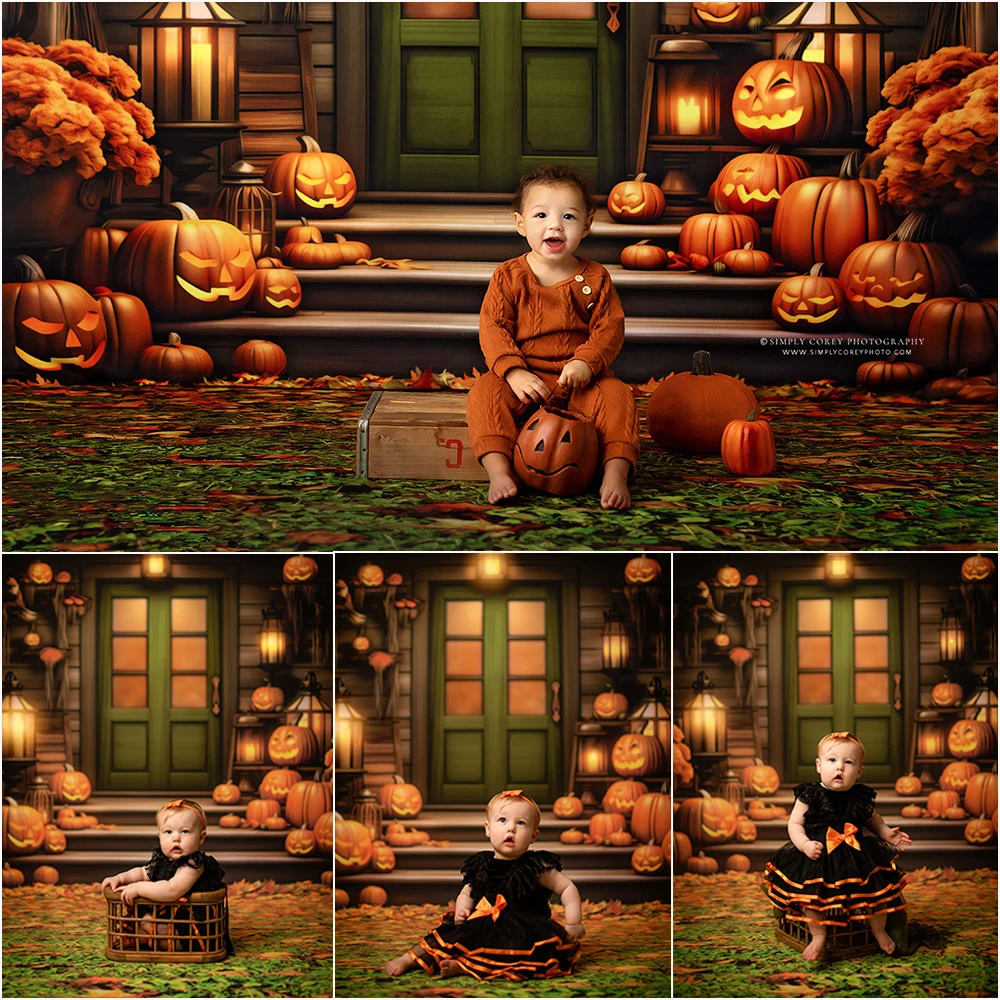 

Halloween Photo Background For Pumpkin Porch Green Door Cake Smash Photography Backdrop Cloth Kids Portrait Photo Studio Props