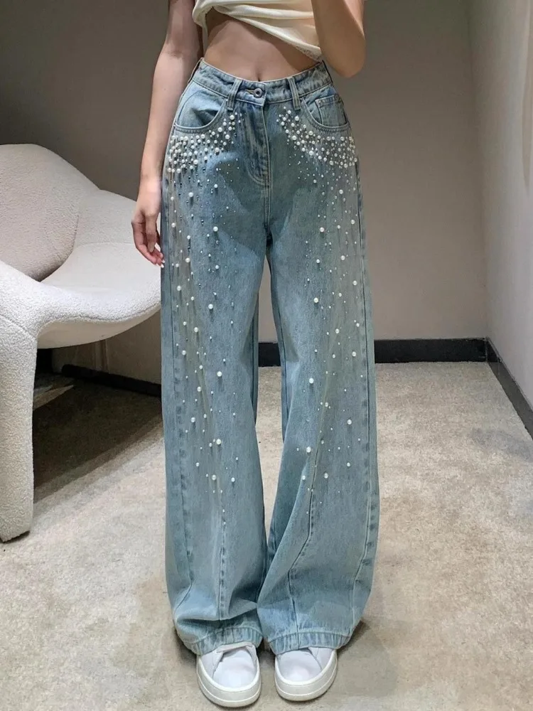 Women's Fashionable Blue Jeans Vintage Pants Cool Girl Wide Legs Sweatpants Female High Waisted Personality Trousers