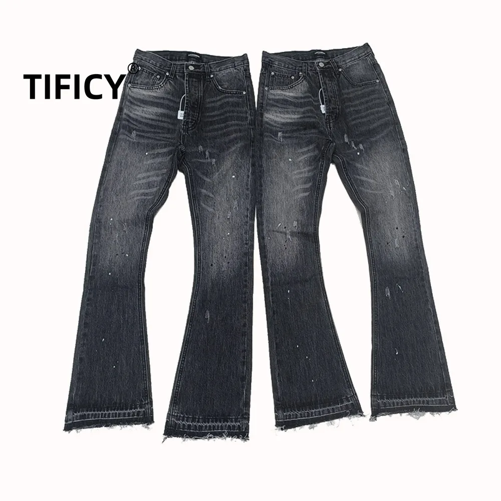 High Street Jeanshose für Herren, gebogenes Messer, gewaschen, schwarz, grau, Mikro-Trompetenform, spritzwasserte Tinte, Streetwear, lässige Jeanshose