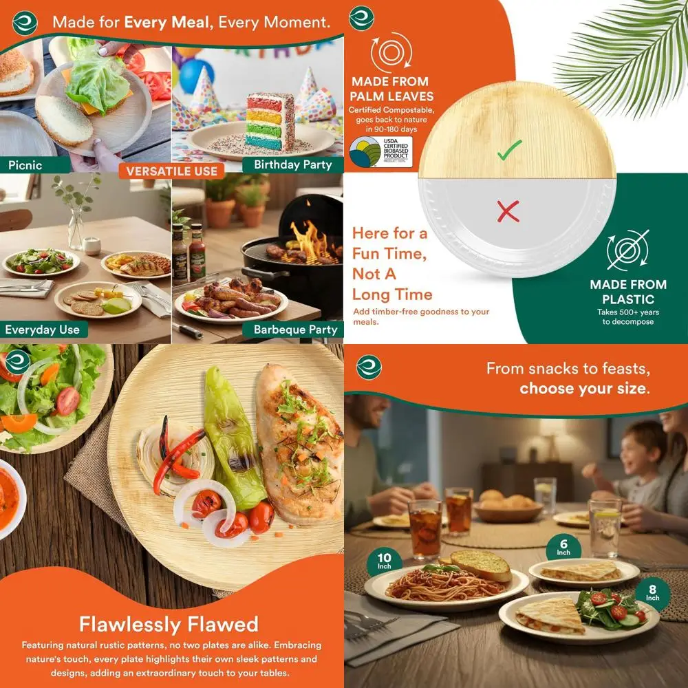 

8 круглых бамбуковых компостируемых тарелок, упаковка 200 шт., сверхпрочная биоразлагаемая посуда для вечеринок и мероприятий