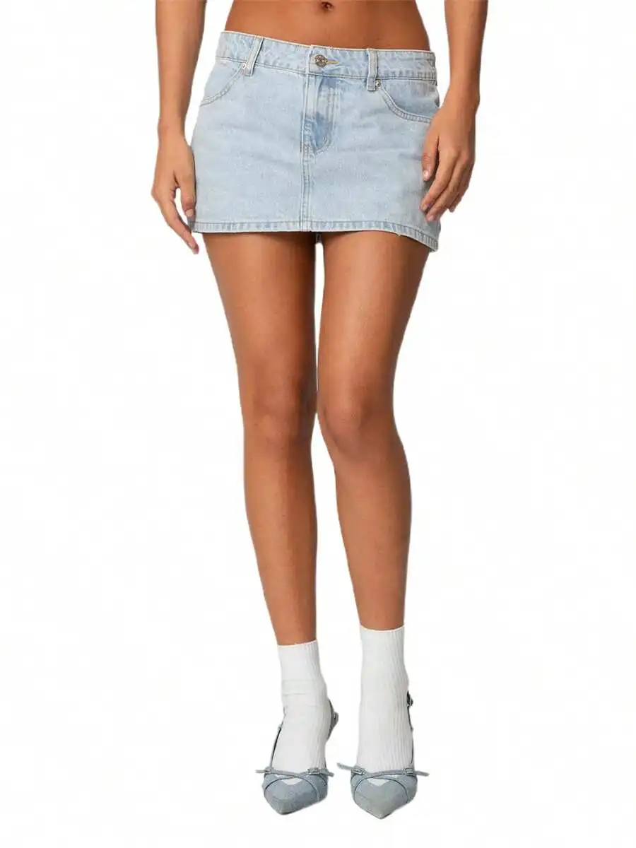

Womens Low Rise Mini Denim Skirt Solid Color Summer Casual Skirt