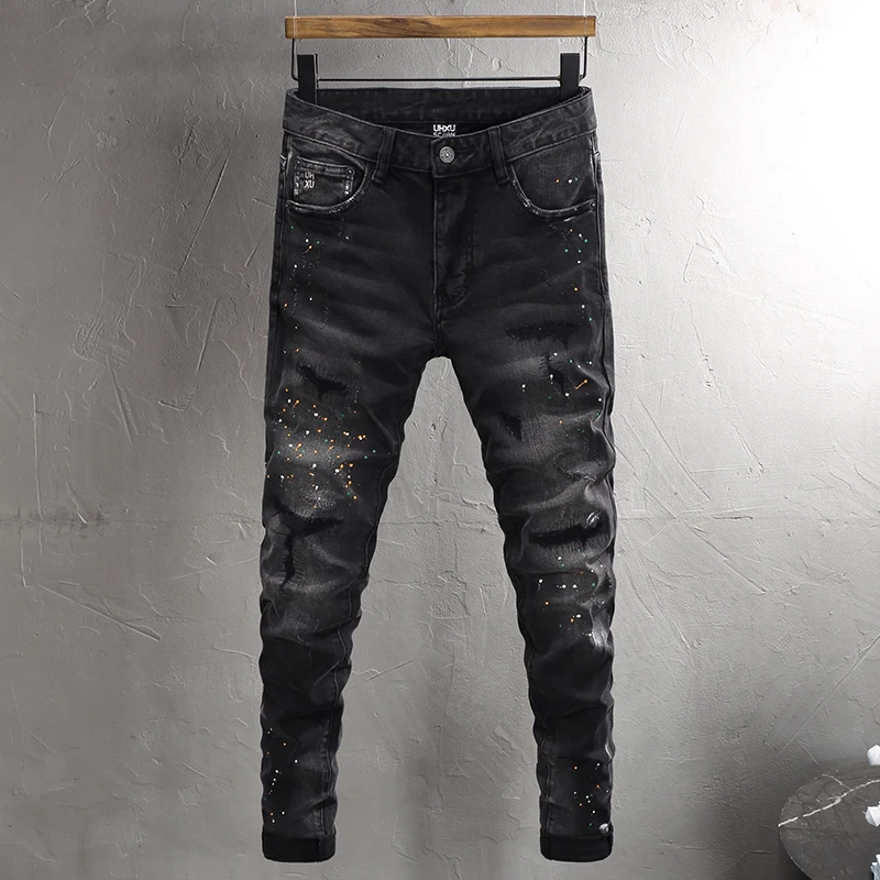 Street Designer Fashion Men Jeans Retro Black Gray Stretch Slim Fit Hole Ripped Jeans Men Painted Hip Hop Vintage Denim Pants