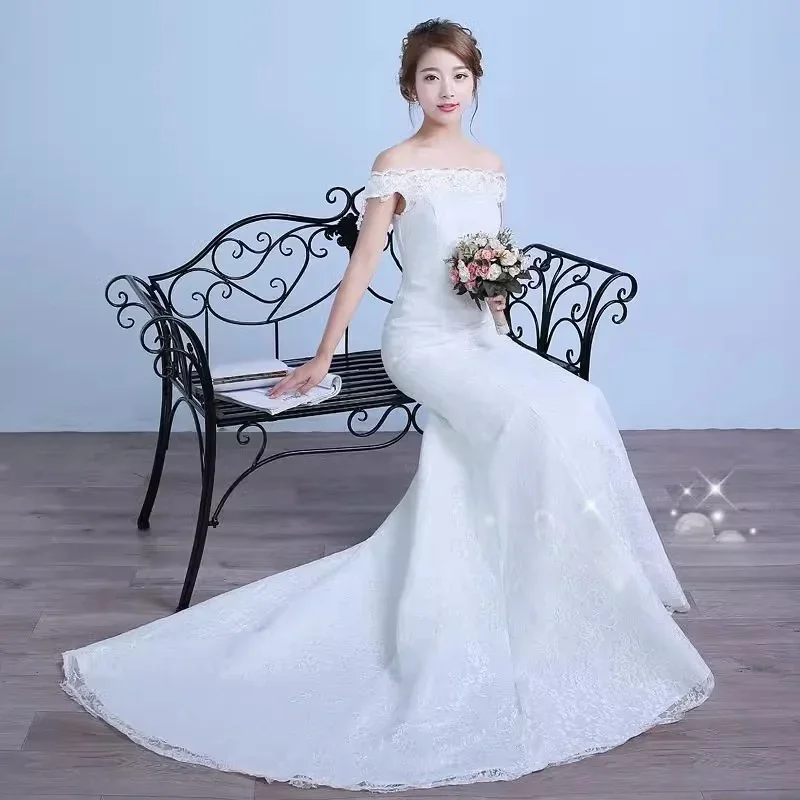 Wedding Dress Simple Cheap White Lace Applique Off the Shoulder Mermaid Trumpet Trailing Floor-length Plus size Bride Gown XN085