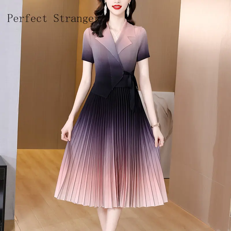 

Summer 2022 Vestidos Pleated Folds Elegant Short Sleeve Workwear OL Chic Notched Party Female Robe Women's Midi Dresses