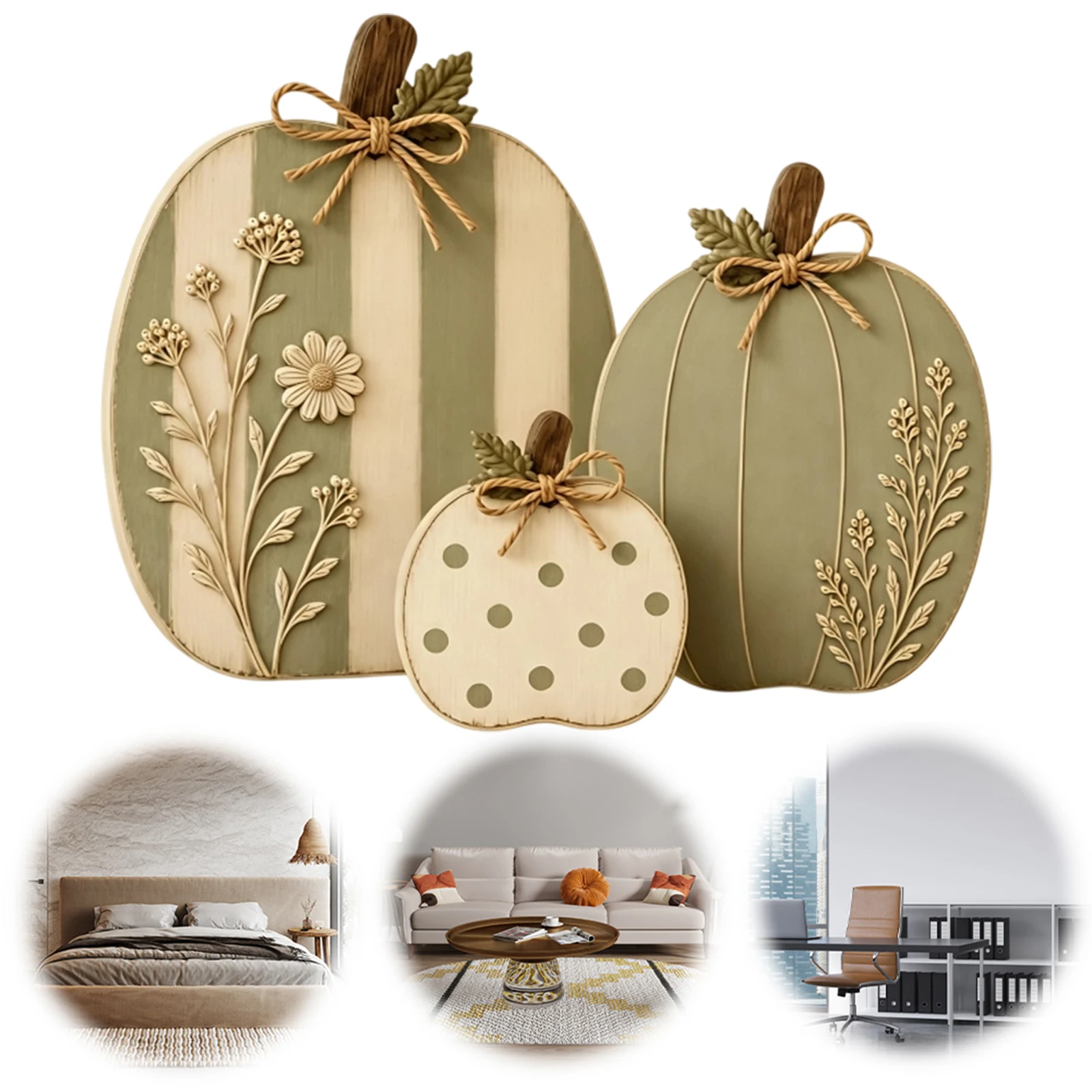 Sculpted Wood Pumpkin Set of 3 Sage Green Floral Farmhouse Rustic Harvest Autumn Mantel Shelf Decor