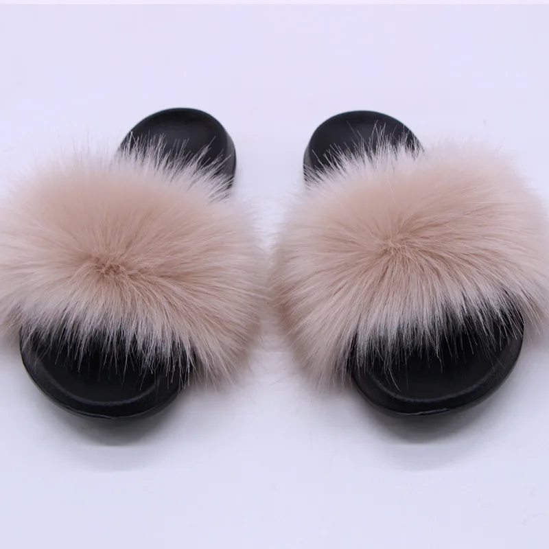 Damen Kunstfell-Slipper Flauschige Offene Pantoffeln für Drinnen und Draußen Lässige Flache Sandalen Luxuriöse Pelzige Slides für Damen – Detail 18