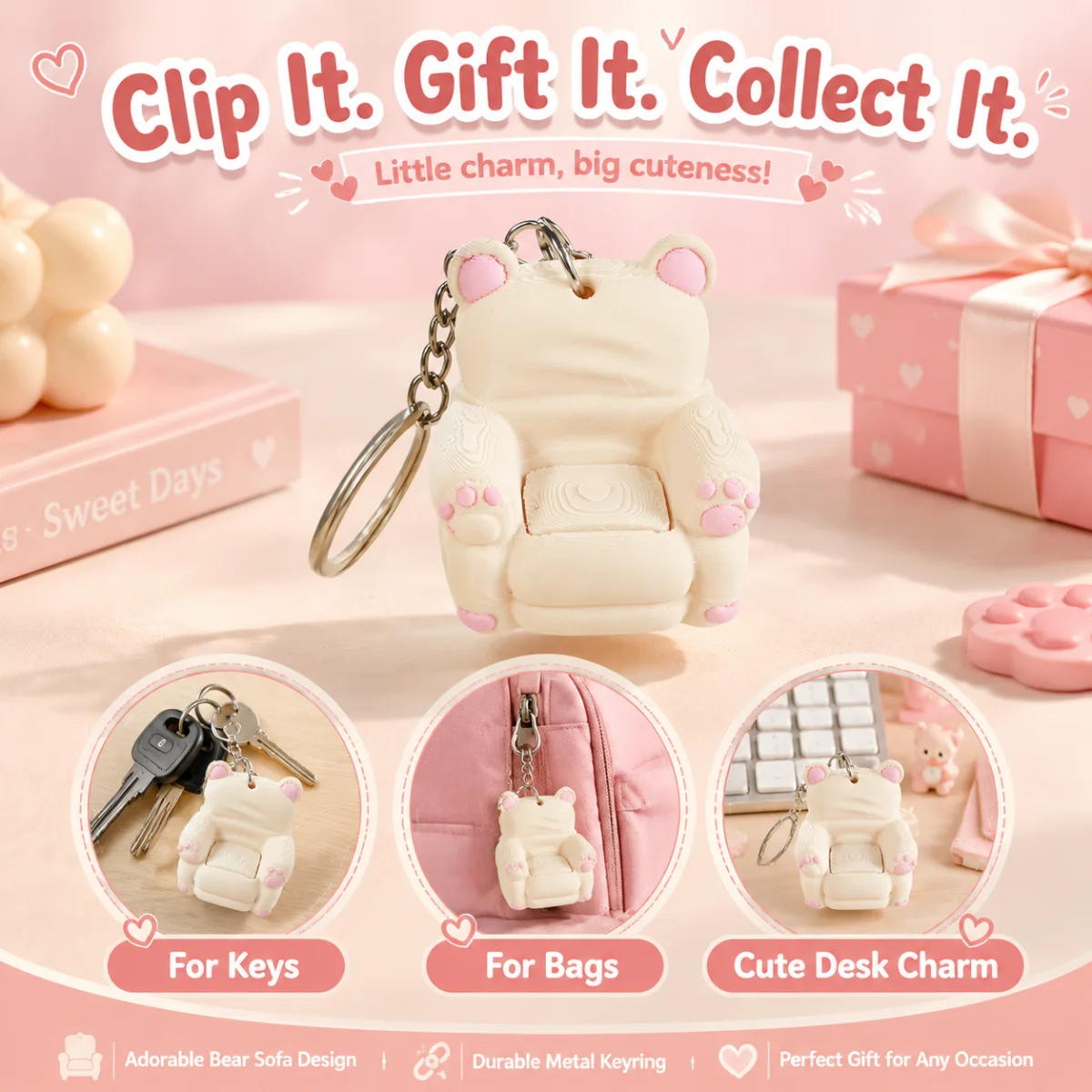 1pc Cute Bear Sofa Fidget Keychain, Eco 3D Printed PLA Cream Pink Paw Detail Mini Armchair Press Stress Relief Bag Pendant