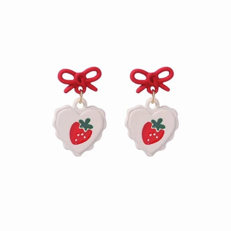 Pendientes de lazo rojo para mujer, aretes colgantes de corazón de fresa dulce, joyería de fiesta coreana, regalos de moda, novedad