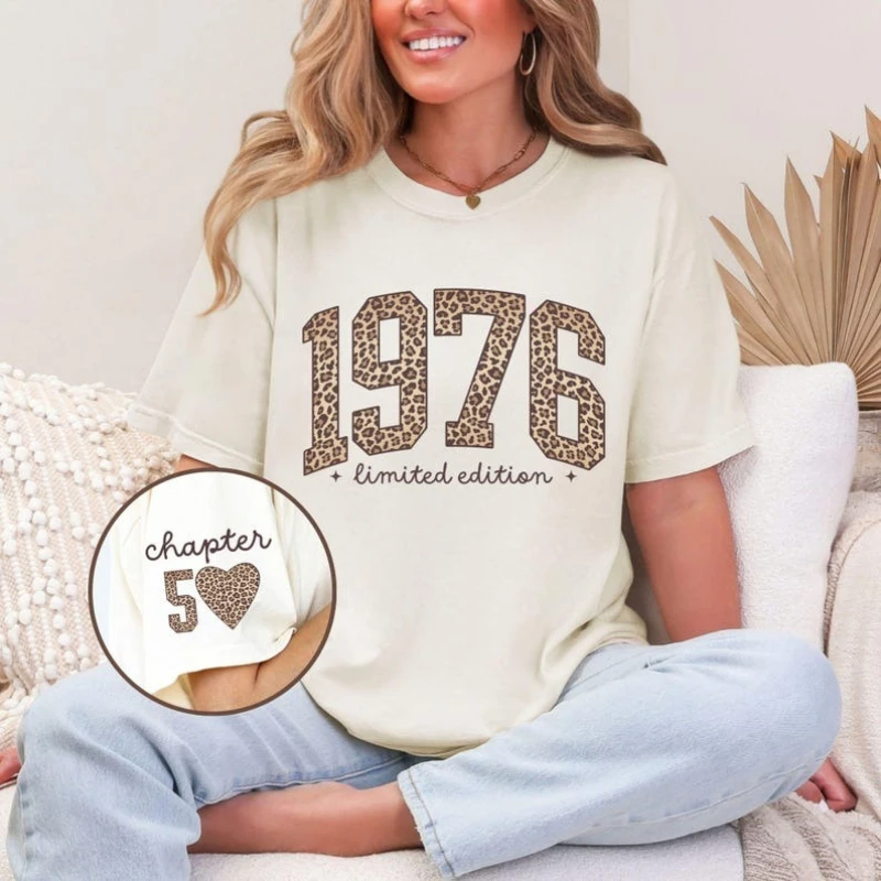 Custom Year 50th Birthday Gift for Women Leopard Print Chapter 1976 Trending Limited Edition Printed Tshirt Tops Short-sleev