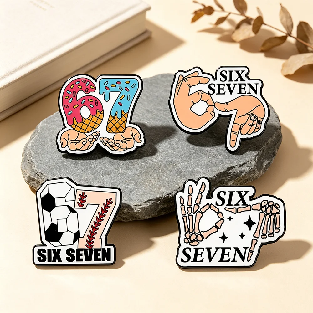 4Pcs Six Seven 67 Enamel Pins Set, Funny Hand Gesture Cartoon Metal Lapel Brooches Creative Number Graphic Badges Fun Gift