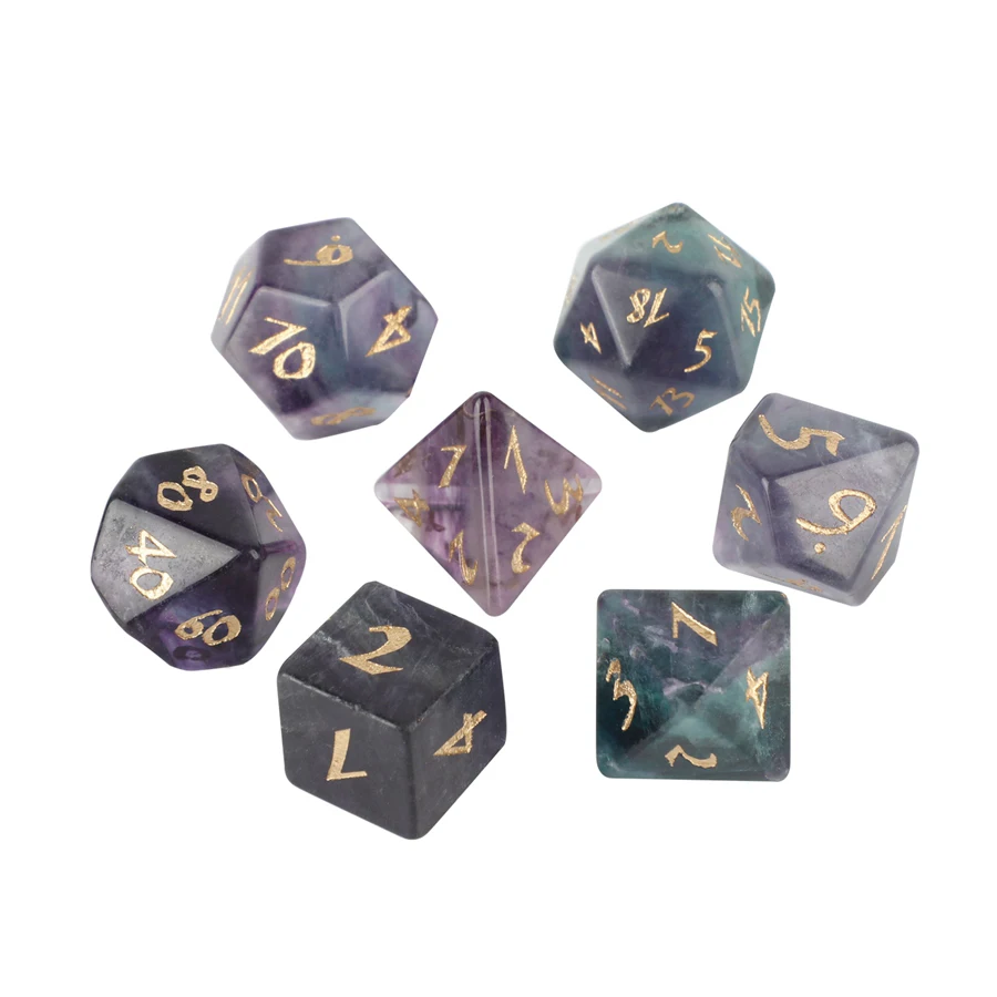 

Spot Goods Natural Purple Fluorite Polyhedral DND Stone Dice Ornaments Jewelry Accept Custom Font Symbol Pattern Logo