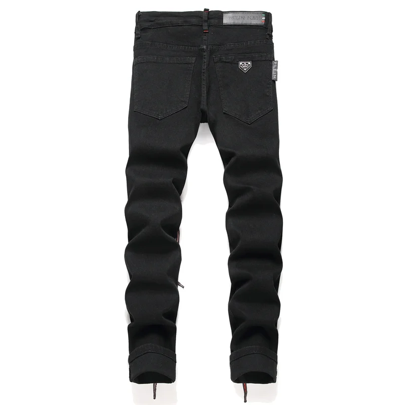 Street Style Black Skinny Stretch Jeans Men's Ripped Embroidery Red Printed Punk Party Skinny Trousers