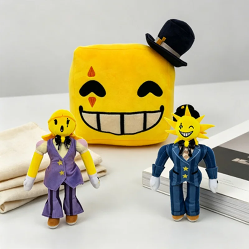 Cartoon Yellow Sun Jester Plush Toy Soft Stuffed Square Smile Face Doll Anime Figure Plushie Kids Birthday Christmas Gift Fans