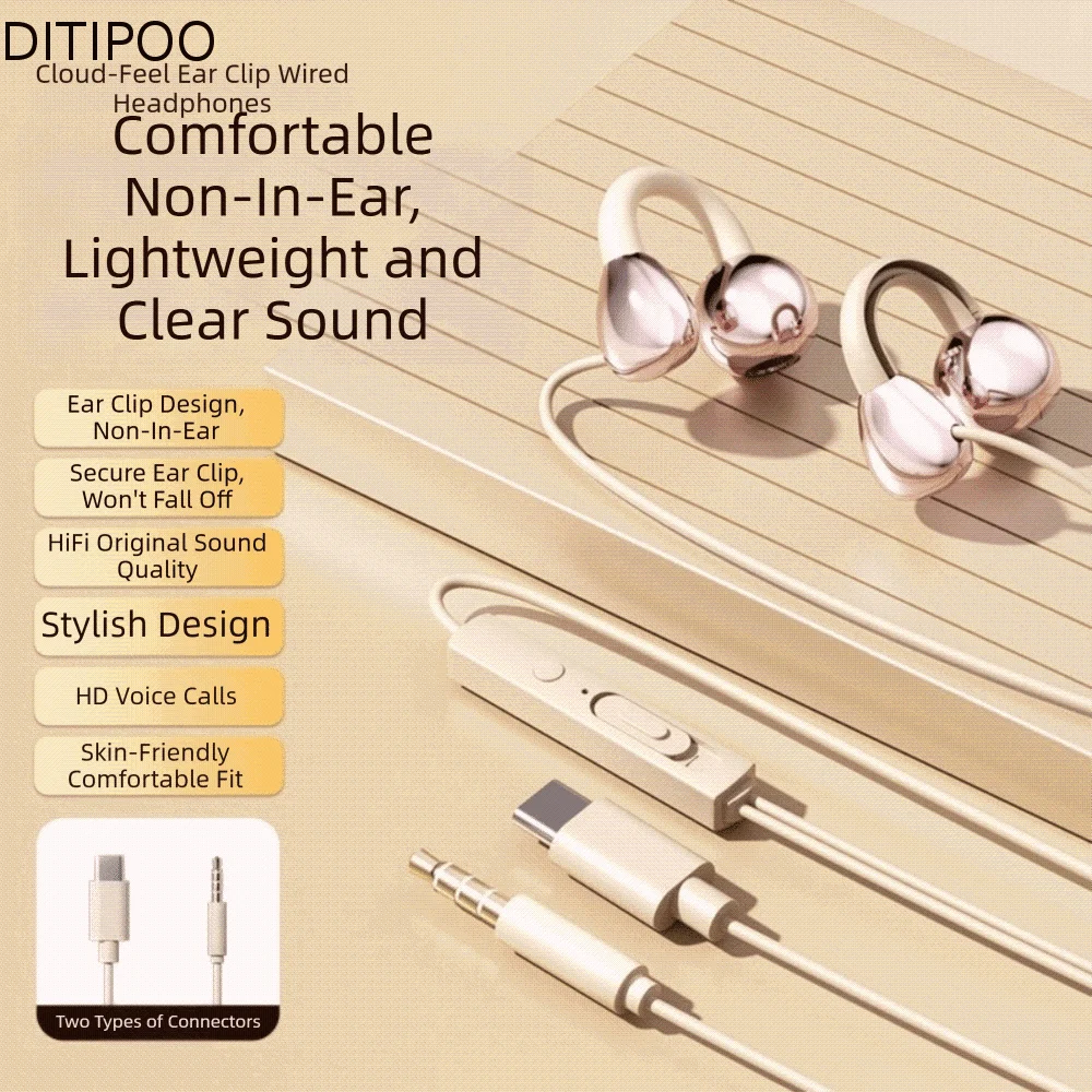 Ear Clip Type Wired Headphones 3.5mm/Type-C HiFi Ear Clip Headphones Wire Control Stereo Earbuds Not In Ear Headphones