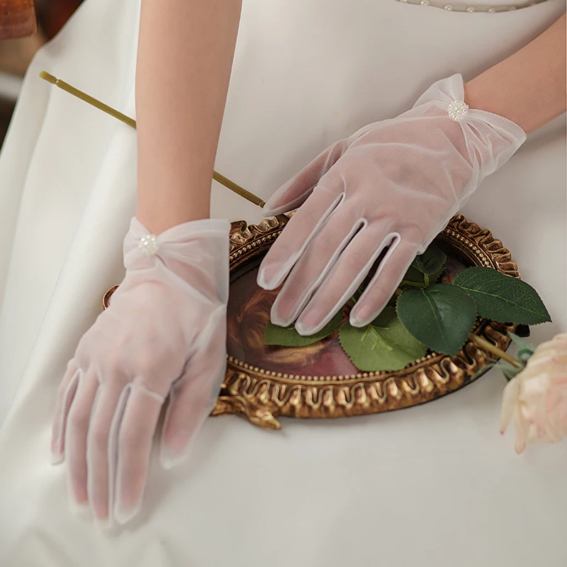 WG083-Gants de Patients de Mariage Frais, en Tulle Doux, Petites Fleurs de Perles, Blancs, Courtes Mariées, Handschuh, Pageant, Bal de Promo