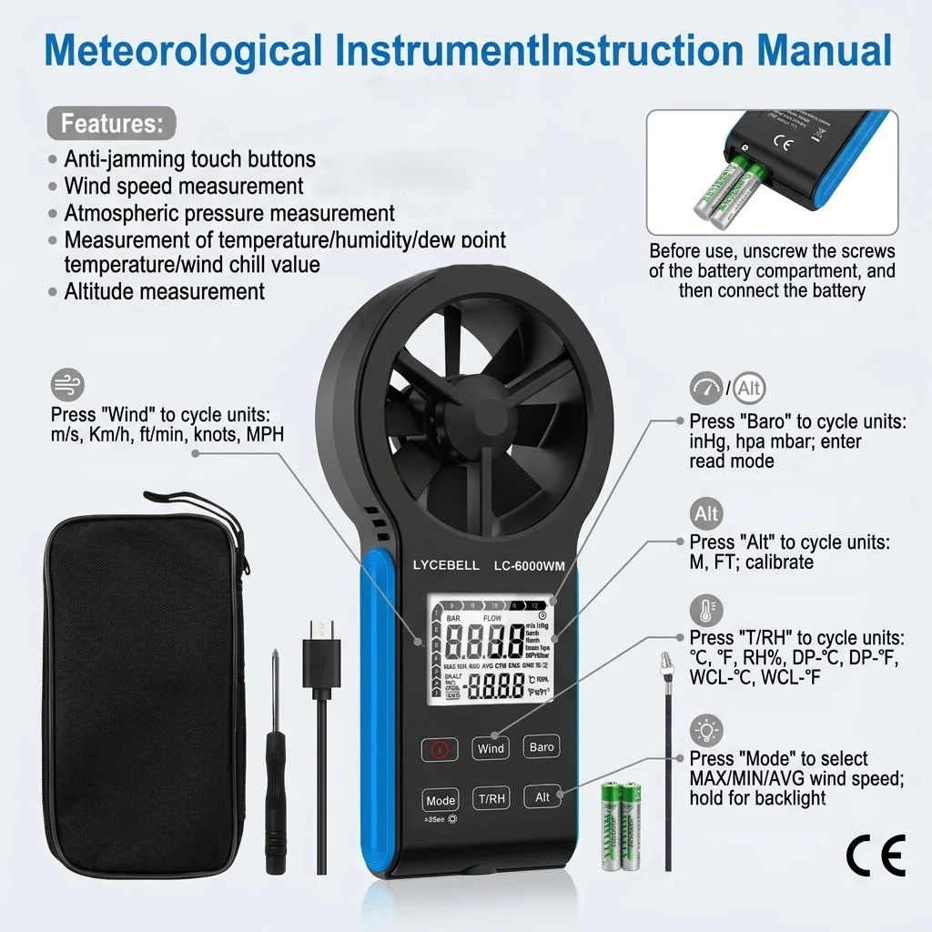 Holdpeak 6000WM-APP Bluetooth Anemometer Wind Speed Air Pressure Altitude Temp Humidity Dew Point Data Logger