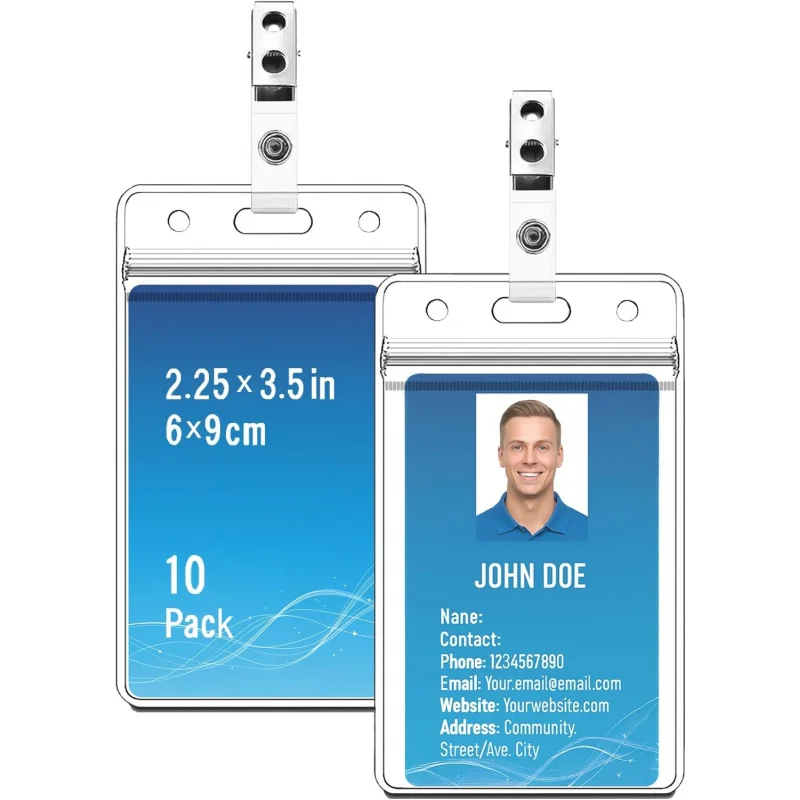 10 Sets Clear Vertical Badge Holders with Metal Clips, Waterproof PVC ID Card Protectors for Name Tags, Employee Badges,