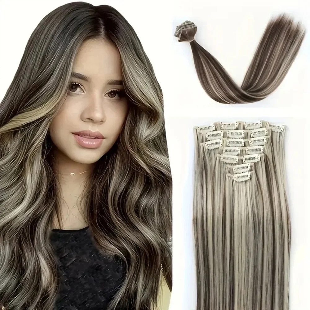 

Synthetic Clip In Hair Extensions 140g 7pcs/set Women Long Straight Full Head Clip 16 Clips Ombre Heat Resistant Fiber