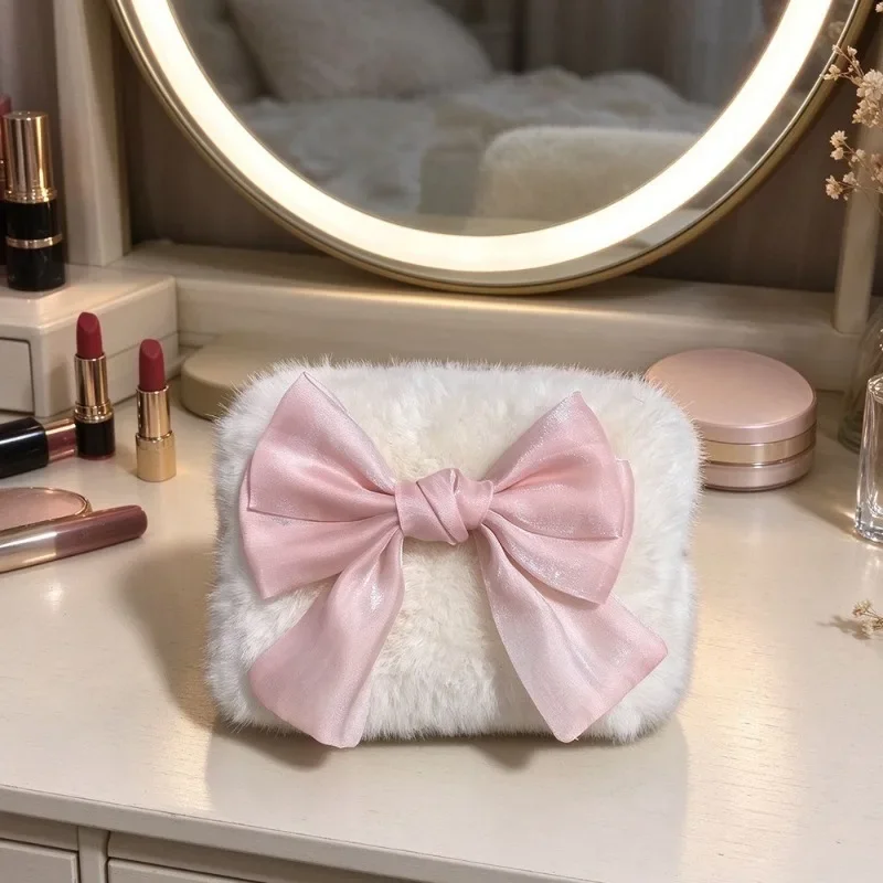 Women Furry Cosmetic Bag Satin Bow Decor Makeup Pouch Portable Travel Toiletry Storage Case Cute Lipstick Organizer Case