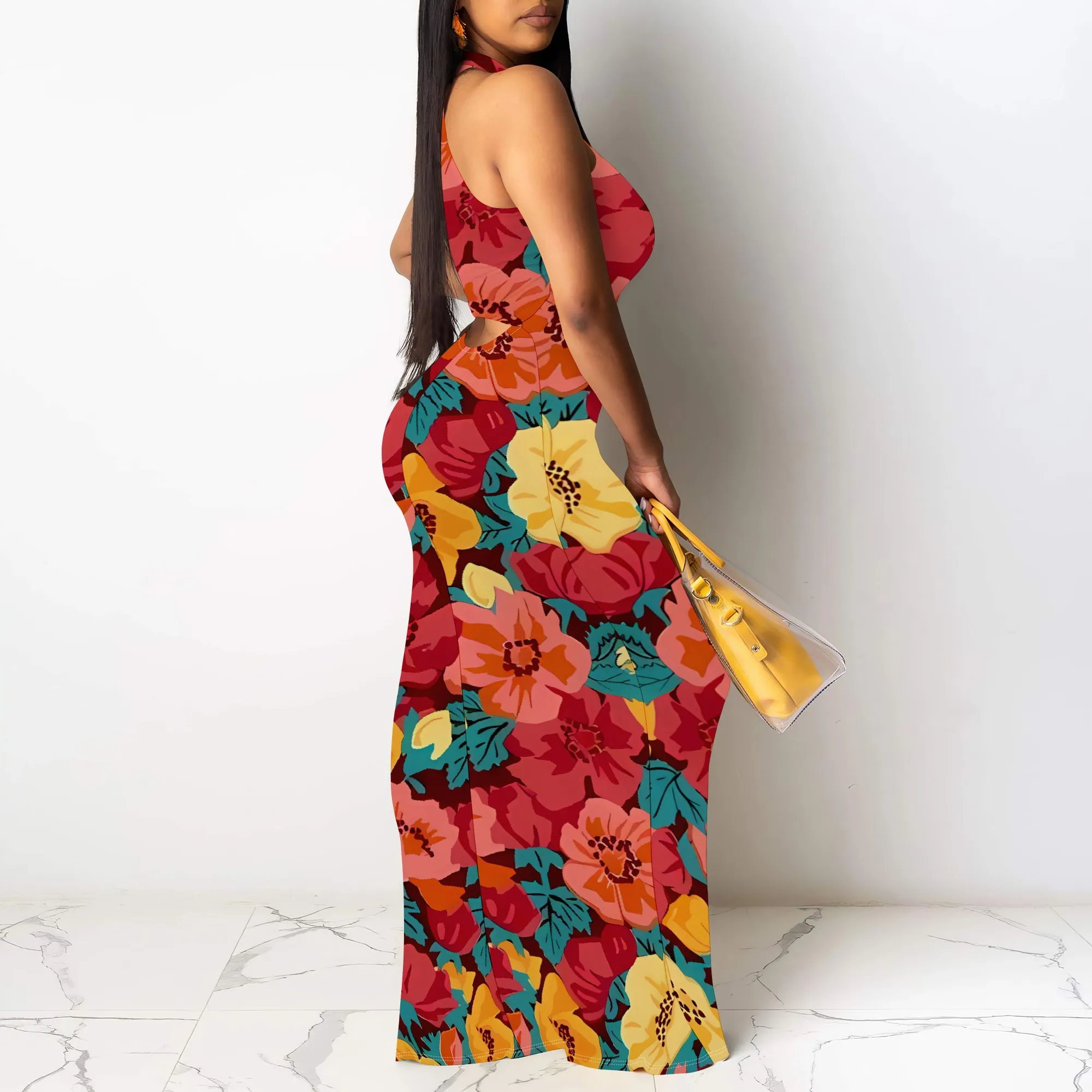 นูปูซาชุดเดรสพิมพ์ลายดอกไม้สำหรับผู้หญิงขนาดปกติฤดูร้อนลำลองคอเชือกแขวนคอแขนกุดชุดแม็กซี่