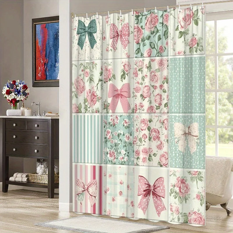 

1pc Floral & Polka Dot Shower Curtain - Pink Roses & Green Leaves, Pastel Design, Polyester, 12 Hooks, Bathroom Decor