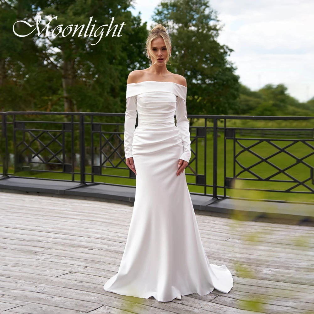 

Modern Long Sleeves Off The Shoulder Mermaid Wedding Dresses Women Open Back Pleat Satin Lace-up Vestidos De Novia Customized