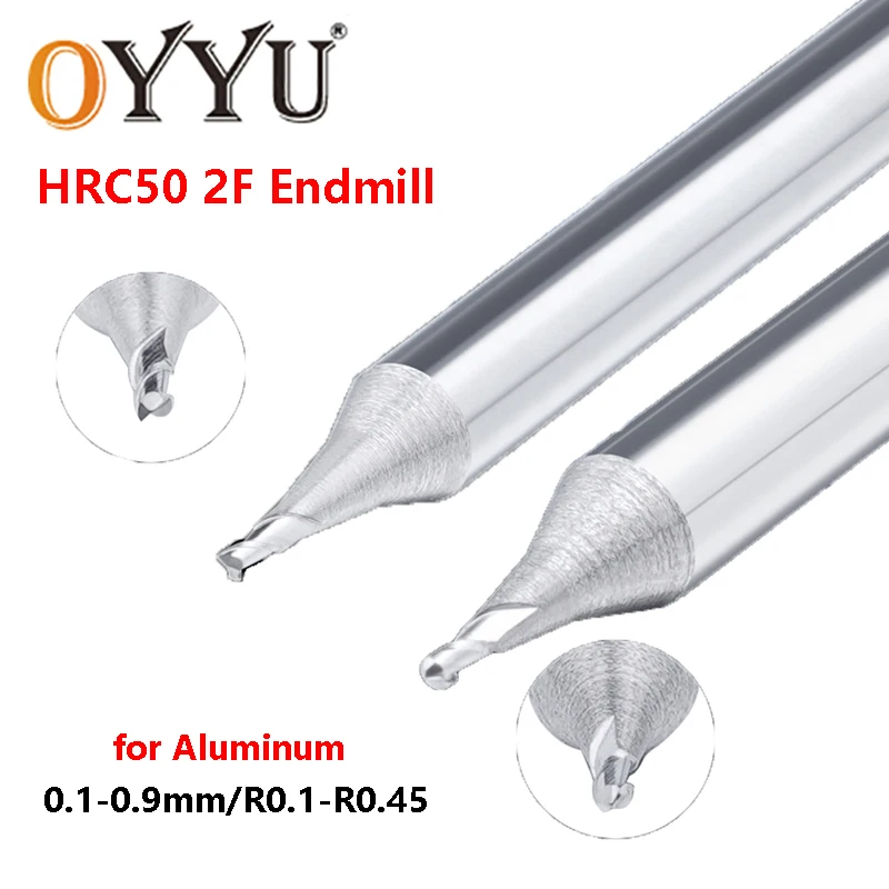 

OYYU Carbide Tungsten Steel HRC50 2 Flute Micro Diameter Ball Nose Endmills for Aluminum CNC Alloy Milling Cutter 0.1 0.2 R0.1