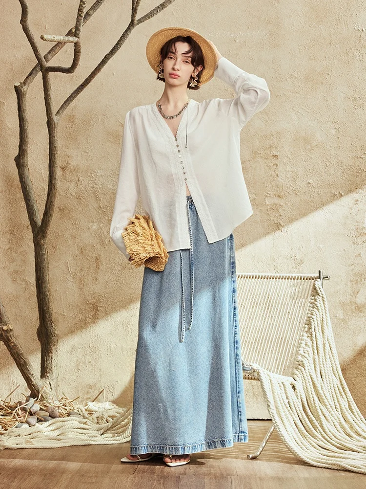 

SVLI Casual High Waist Ruffle Hem Denim Skirt Lenzing Eco-Viscose Lightweight Draped Loose Elastic Waist Corded Long Half Skirt