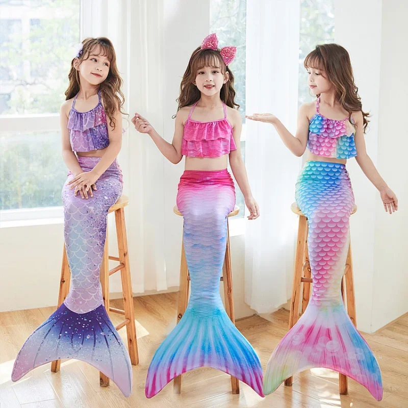 Girls Mermaid Tail with Monofin Fin Children Swimsuit Kids Bikini Swimming Swimsuit Beach Clothes for Girls Dress Costume