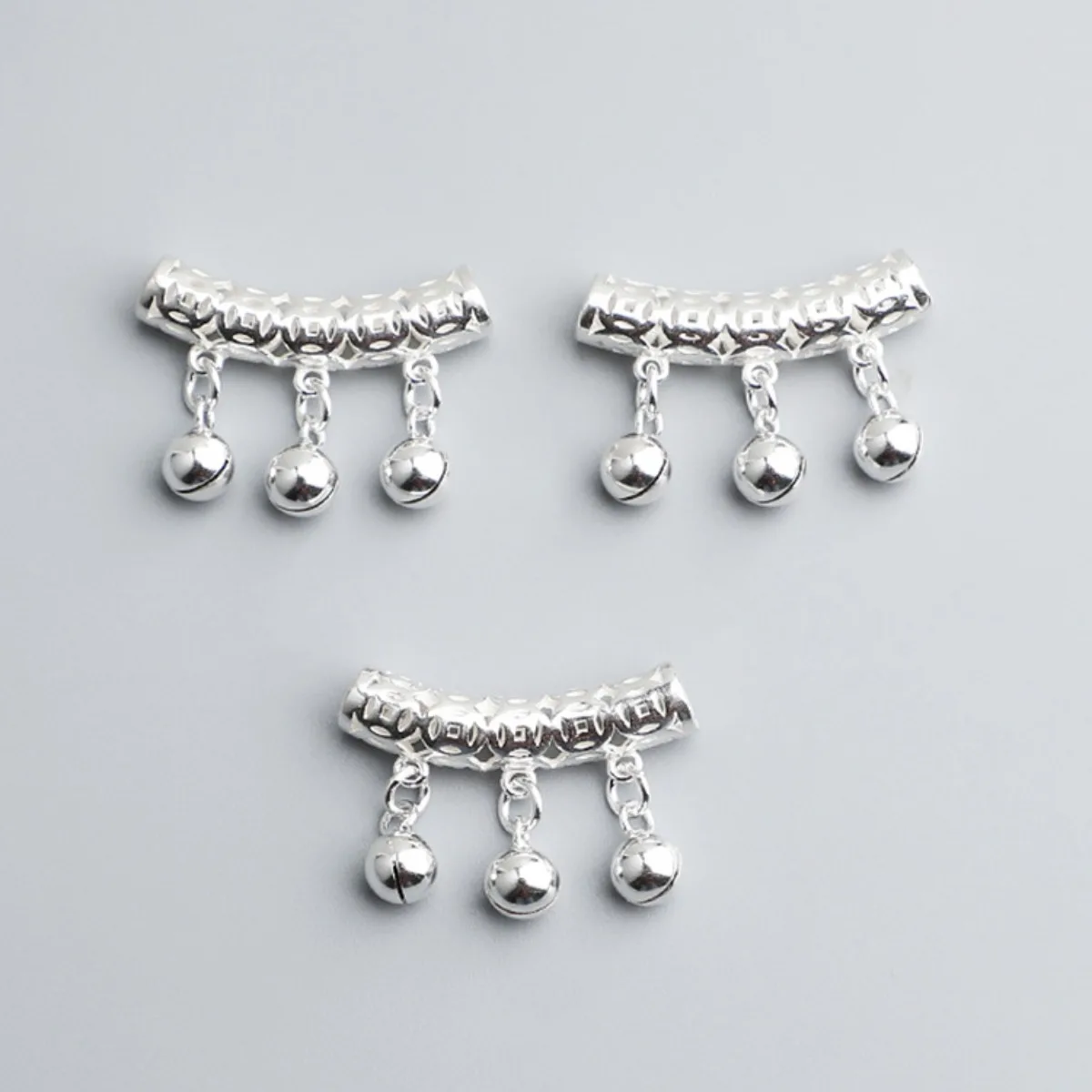 1pc S925 Sterling Silver Openwork Curved Tube Beads & Spacer Beads with bells for Jewelry Making