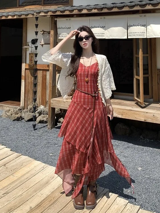

Summer New plus Size Women's Red Plaid Strap Dress Summer Thin Cardigan Top Set City Commute French Style Slim Fit Belted Lon...