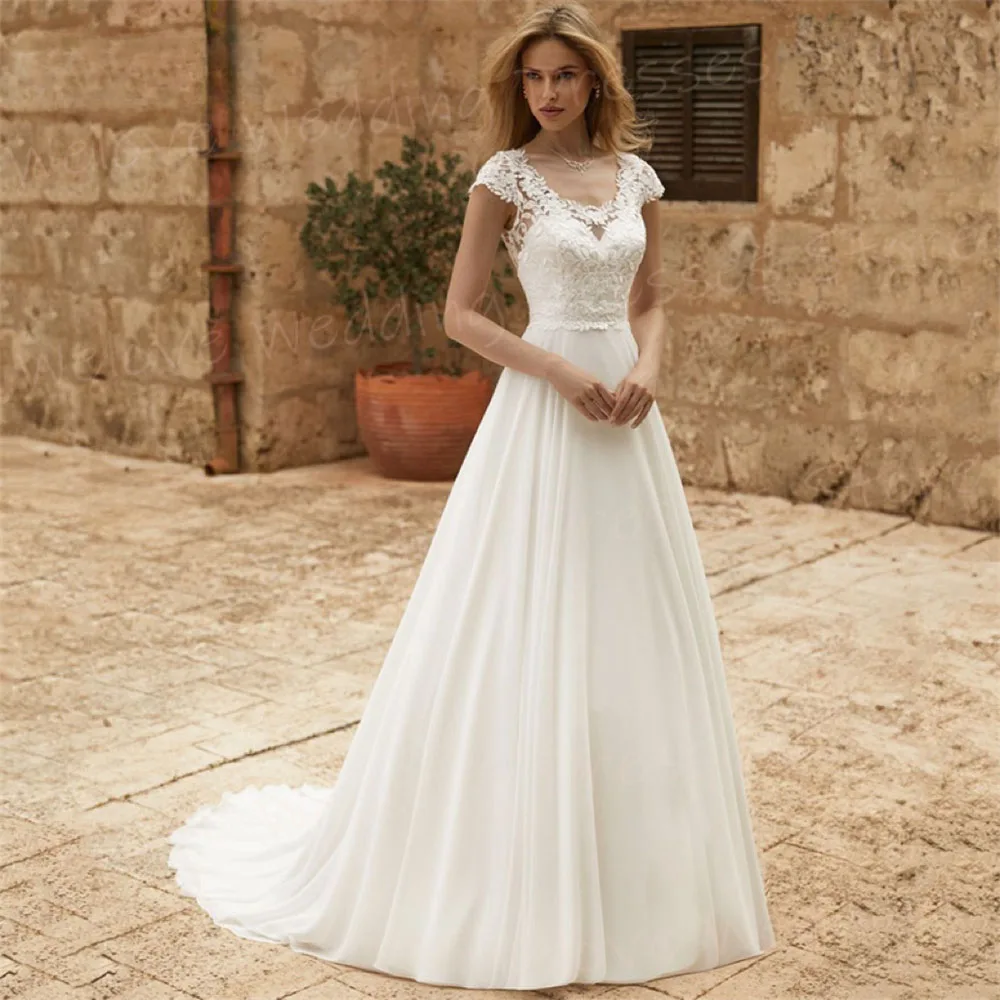 

Beautiful A Line Women's Wedding Dresses Simple Lace Appliques Bride Gowns Fashionable Elegant Short Sleeve Vestidos Novias Boda