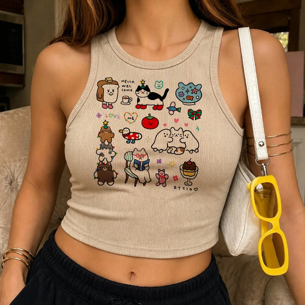 Aesthetic Kawaii Doodle Animal Food Collage Graphic Slim Ribbed Camiseta Mujer Cute Cartoon Crop Top Y2K Street Vest Tank Tops