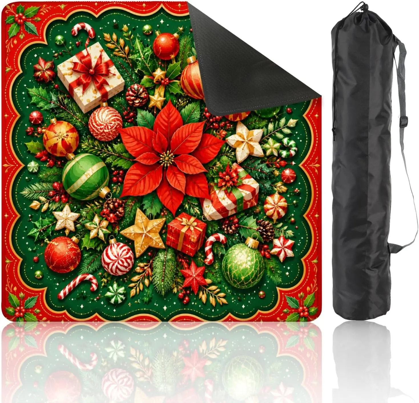 Christmas Poinsettia Holiday Ornament Mahjong Mat 31.5x31.5 Non Slip Noise Reducing Game Pad for Mahjong Poker Dominoes Games